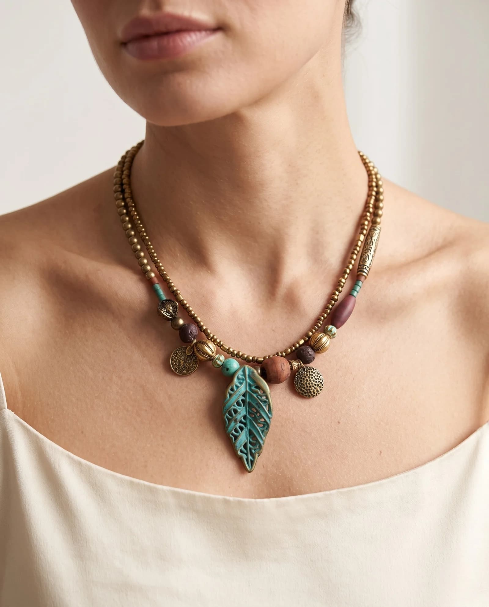 Namaste El Yapımı Boho Yaprak Kolye — Turkuaz Patine & Altın Renkli Boncuk 2