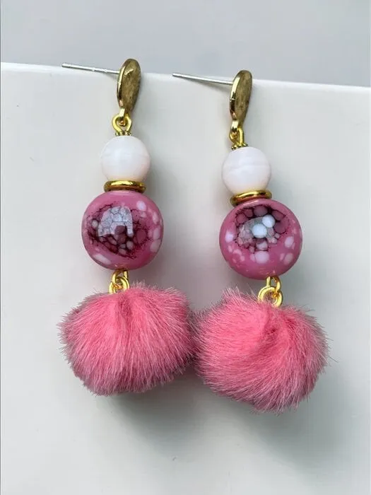 Pembe Mermer Pompon Küpe 1