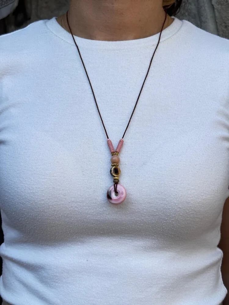 Pembe Taş Lila Boncuk Kolye 1