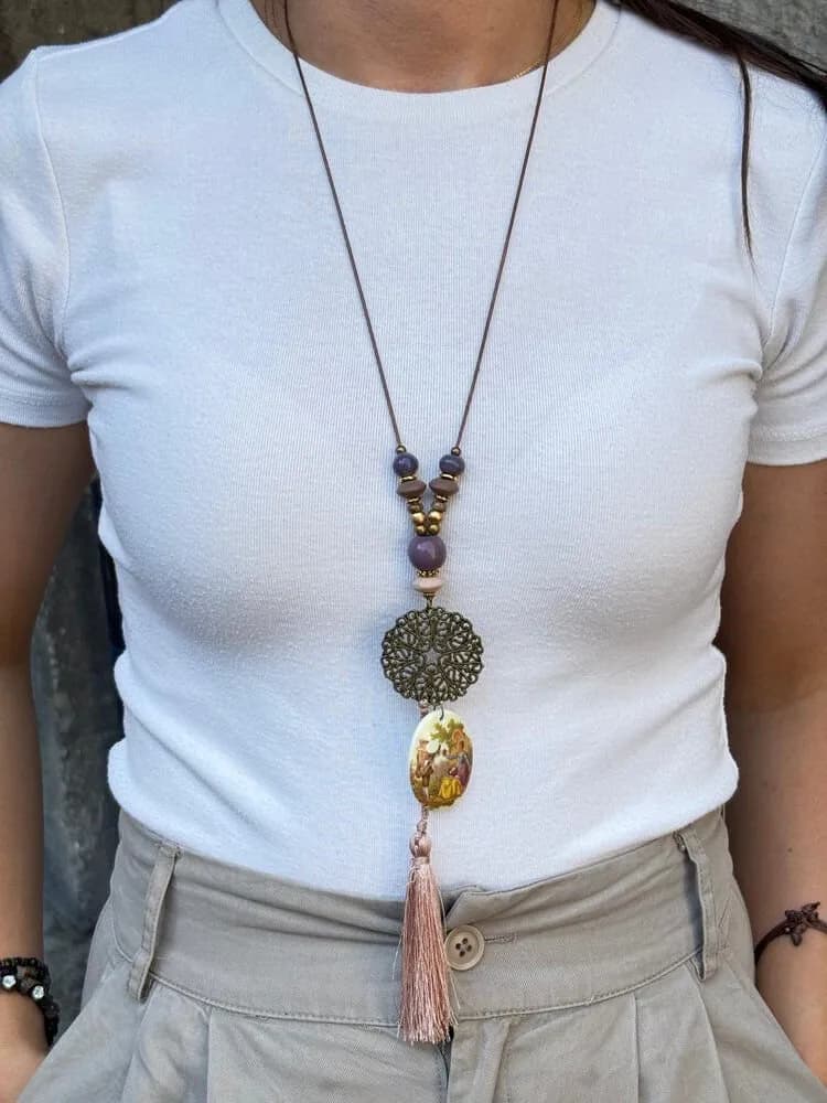 Etnik Metal Taş Sarkıtlı Kolye 1