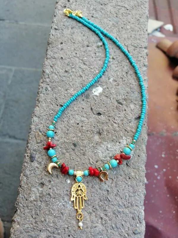 Boho Turkuaz Renkli Çok Boncuk Kolye Altın Sarkıtlı 1