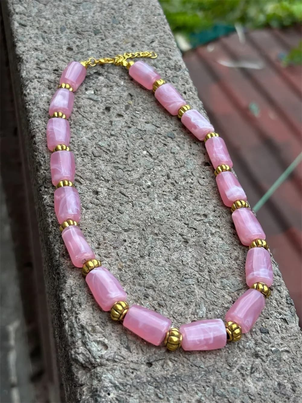 Pembe Kuvars Sekizgen Boncuk Kolye 1