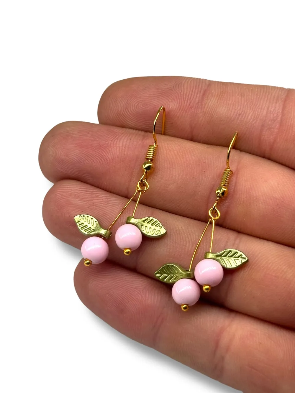 Pembe Opal Yeşil Yaprak Küpe 1