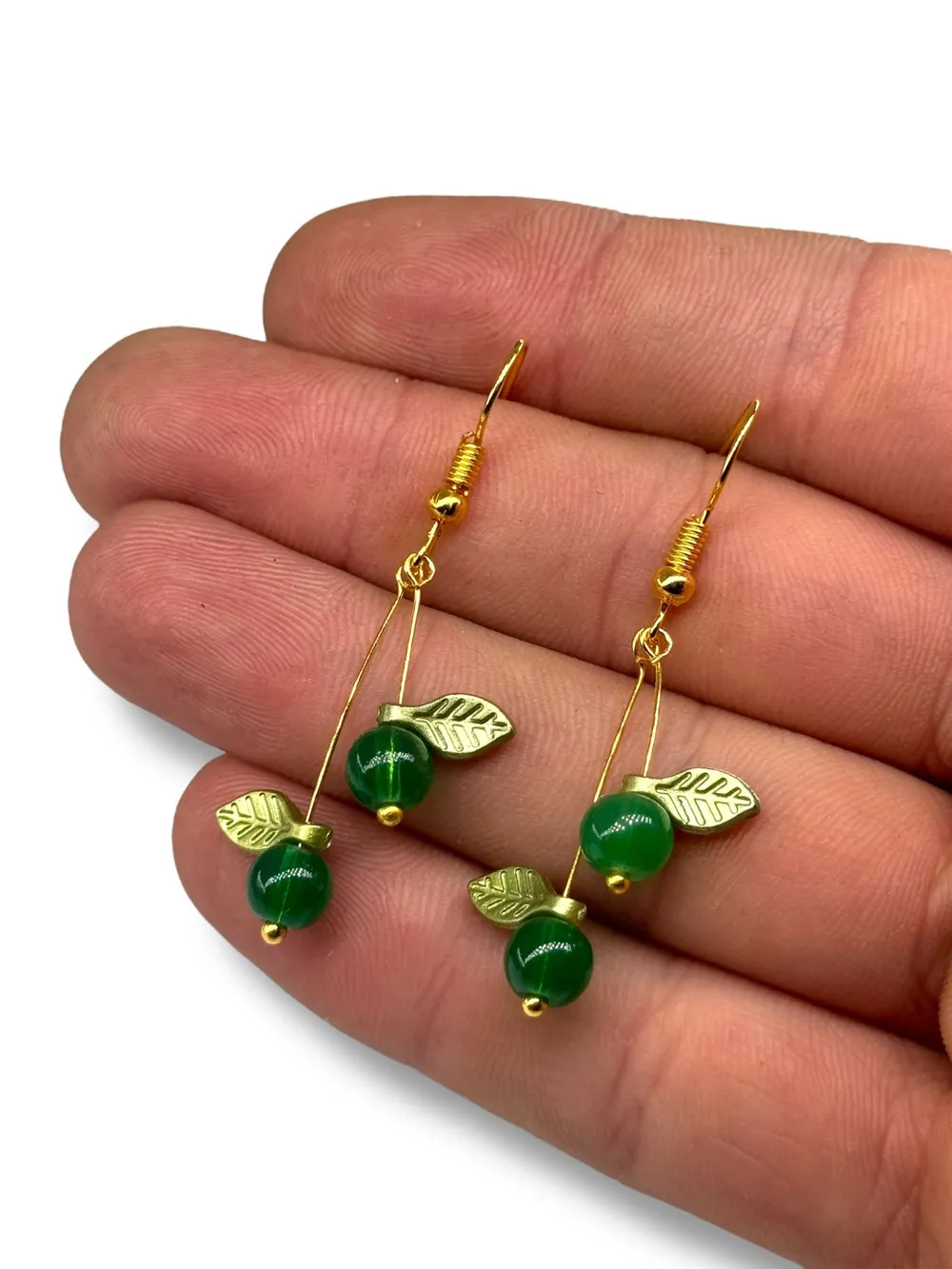 Yeşil Jade Yaprak Charm Küpe 1