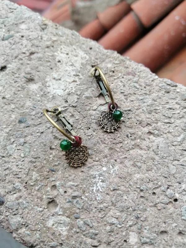 Vintage Filigran Disk Yeşil Cam Küpe 1
