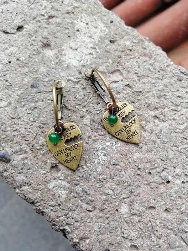 Vintage Yeşil Taş Kalp Charm Küpe 1