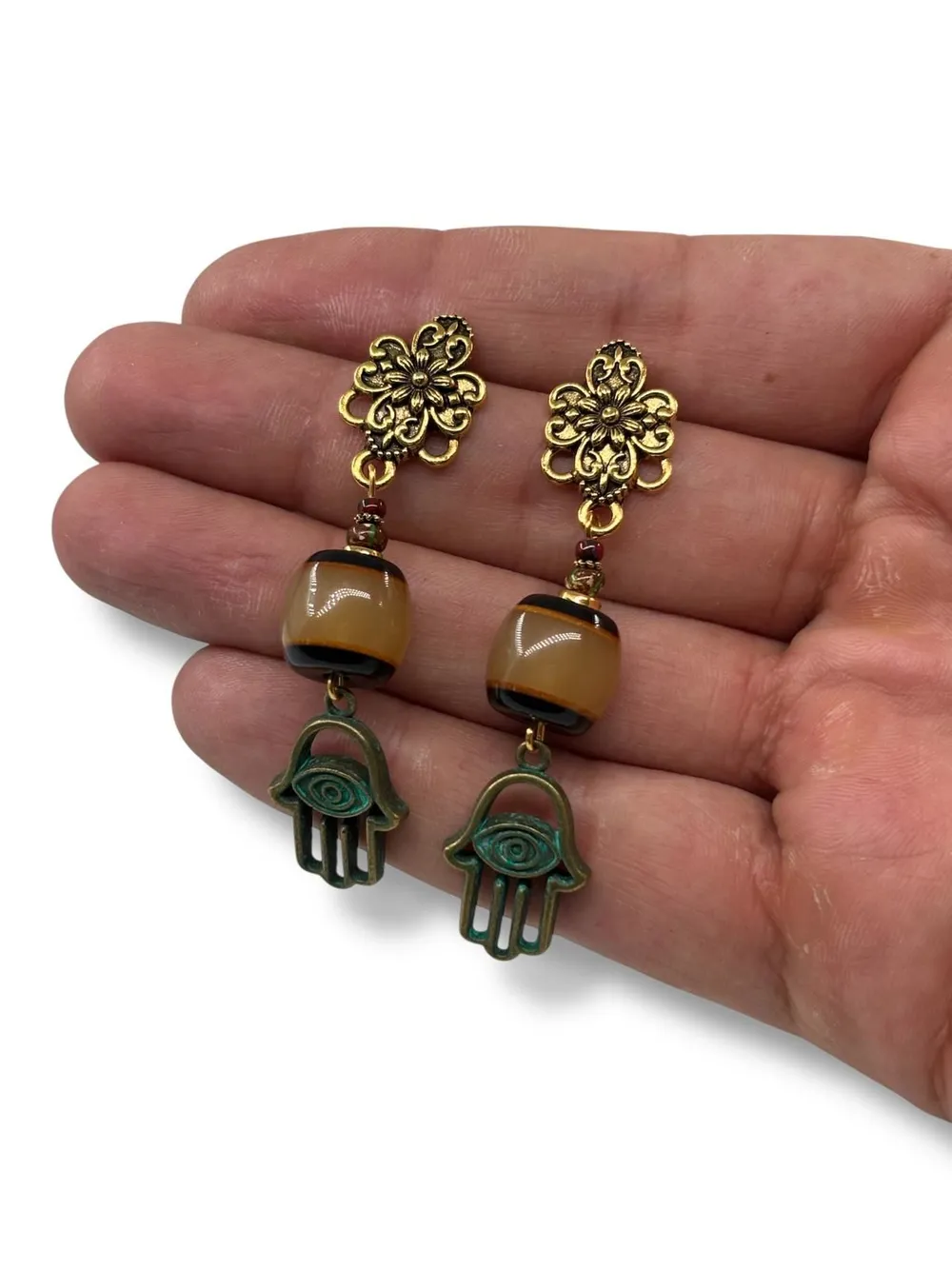 Etnik Üçlü Küpe Seti - Filigre Çiçek Hamsa Cam 1