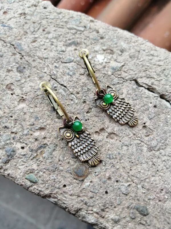 Vintage Baykuş Yeşil Taş Küpe 1