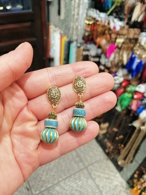 Etnik Turkuaz Seramik Sallantılı Küpe 1
