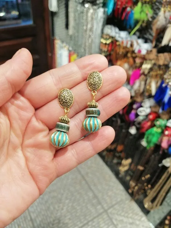 Vintage Filigran Turkuaz Cam Küpe 1