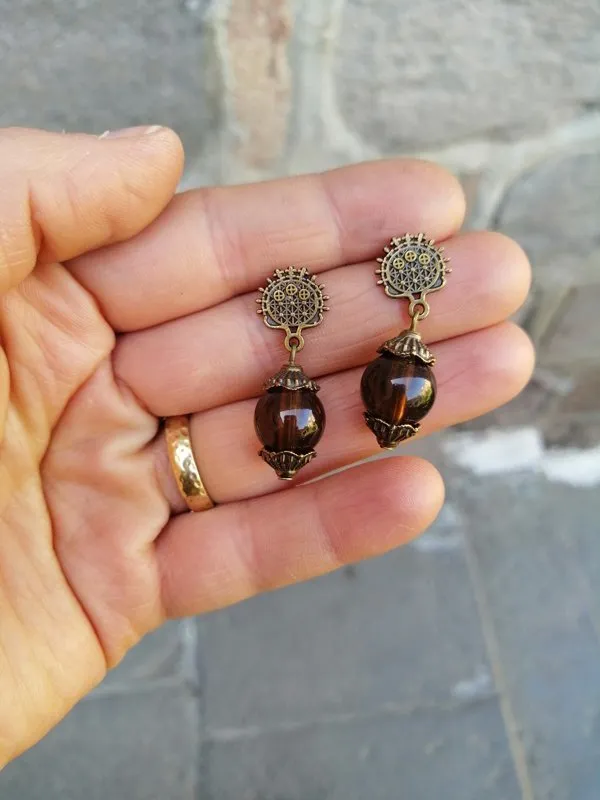 Antik Garnet Taş Sallantılı Küpe 1