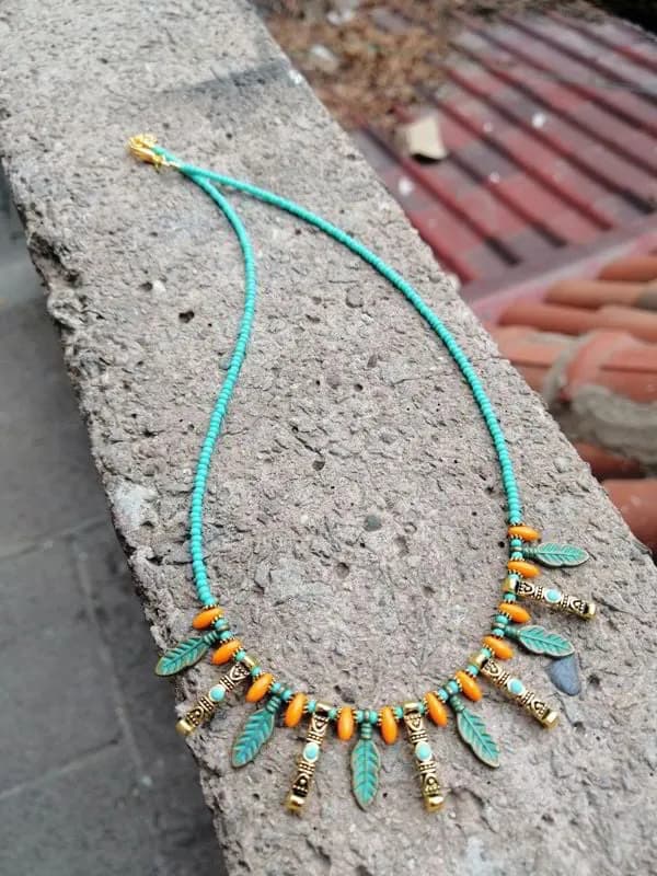 Etnik Turkuaz Altın Sallantılı Kolye 1