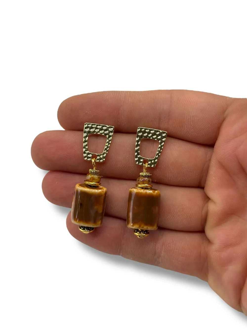 Vintage Amber Taş Sallantılı Küpe 1