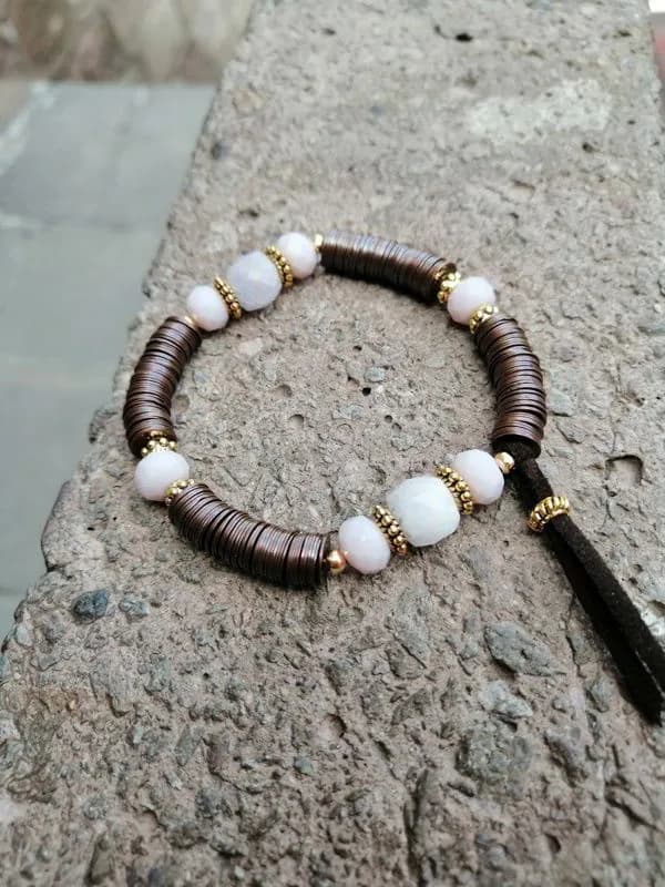 Etnik Beyaz Cam ve Bronz Metal Bileklik 1